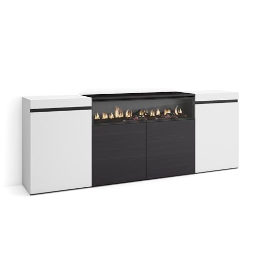 Skraut Home | Sideboard, Highboard | Kommode, Komodenschrank | 200x75x35cm | 4 Türen | Elektrokamin. Maße | Moderner Stil | Weiß und Schwarz von Skraut Home