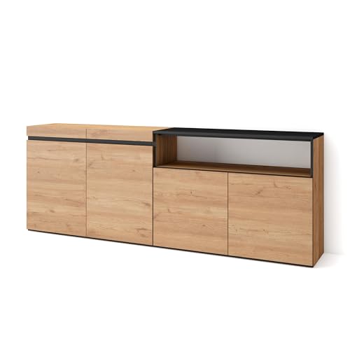 Skraut Home | Sideboard, Highboard | Kommode, Komodenschrank | 200x75x35cm | 4 Türen | Wohnzimmer, Küche | Moderner Stil | Eiche Schwarz von Skraut Home