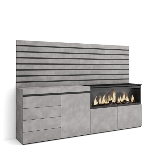 Skraut Home | Sideboard, Kommode | Aufbewahrungsschrank | 214x145x35 cm | Für Schlafzimmer, Zimmer | Elektrokamin XXL | Kommode mit Schubladen | Moderner Stil | Zement von Skraut Home