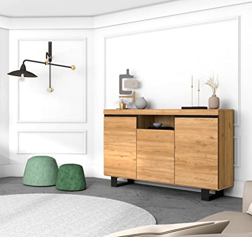 Skraut Home - Anrichte für Wohnzimmer, Esszimmer, Büro, Farbe: Eiche/Schwarz, 3 Türen, 1 Fach, 140 x 40 x 92 cm, Nordic von Skraut Home