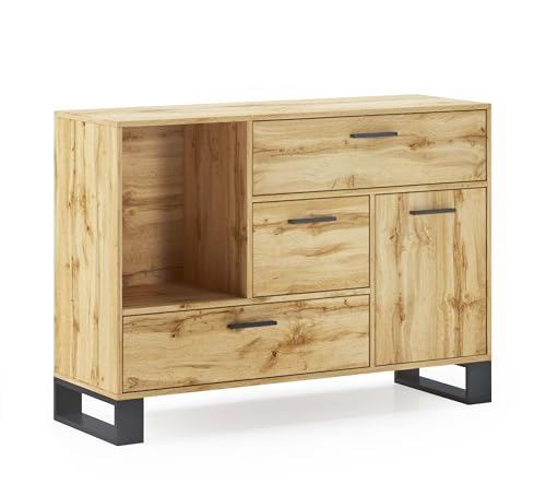 Skraut Home – Sideboard für Wohn- oder Esszimmer – 86 x 120 x 40 cm – Buffet mit 1 Tür + 3 Schubladen – Loft-Modell – widerstandsfähiges Holz – Eichen-Finish von Skraut Home