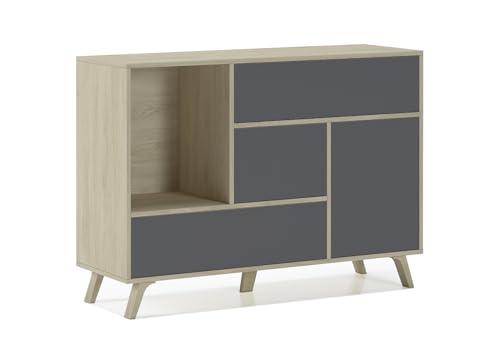 Skraut Home – Sideboard für Wohn- oder Esszimmer – 86 x 120 x 40 cm – Buffet mit 1 Tür + 3 Schubladen – Windmodell – Widerstandsfähiges Holz – Eiche/Grau-Finish von Skraut Home