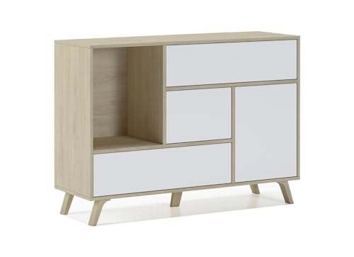 Skraut Home – Sideboard für Wohn- oder Esszimmer – 86 x 120 x 40 cm – Buffet mit 1 Tür + 3 Schubladen – Windmodell – Widerstandsfähiges Holz – Eiche/Weiß-Finish von Skraut Home