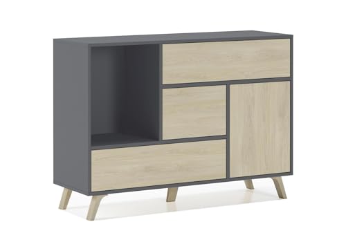 Skraut Home – Sideboard für Wohn- oder Esszimmer – 86 x 120 x 40 cm – Buffet mit 1 Tür + 3 Schubladen – Windmodell – widerstandsfähiges Holz – Grau/Eiche-Finish von Skraut Home