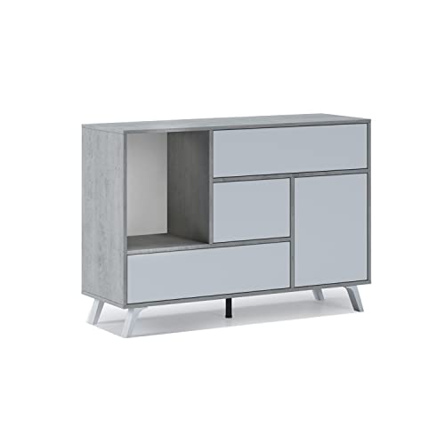 Skraut Home – Sideboard für Wohn- oder Esszimmer – 86 x 120 x 40 cm – Buffet mit 1 Tür + 3 Schubladen – Windmodell – widerstandsfähiges Holz – Zement/weißes Finish von Skraut Home