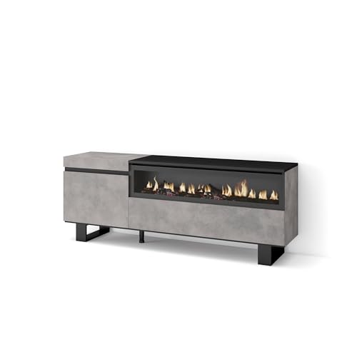 Skraut Home | TV-Schrank, Lowboard | für Wohnzimmer und Esszimmer | 150x57x35cm | Für TV-Geräte bis zu 65" | Elektrokamin. Maße | Industriedesign | Moderner Stil | Zement von Skraut Home