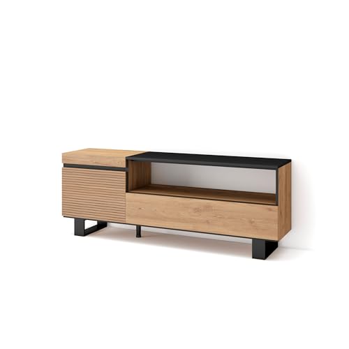 Skraut Home | TV-Schrank, Lowboard | für Wohnzimmer und Esszimmer | 150x57x35cm | Für TV-Geräte bis zu 65" | Industriedesign | Moderner Stil | Eiche von Skraut Home