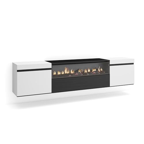 Skraut Home | TV-Schrank, Lowboard | für Wohnzimmer und Esszimmer | 200x45x35cm | Für TV-Geräte bis zu 80" | Elektrokamin. Maße | Hängend | Moderner Stil | Weiß und Schwarz Skraut Home | TV-Schrank, Lowboard | für Wohnzimmer und Esszimmer | 200x45x35cm | Für TV-Geräte bis zu 80" | Elektrokamin. Maße | Hängend | Moderner Stil | Weiß und Schwarz von Skraut Home