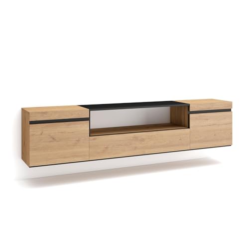 Skraut Home | TV-Schrank, Lowboard | für Wohnzimmer und Esszimmer | 200x45x35cm | Für TV-Geräte bis zu 80" | Hängend | Moderner Stil | Eiche Schwarz von Skraut Home