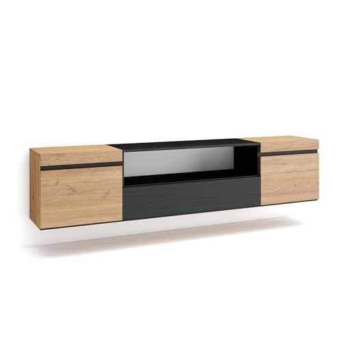 Skraut Home | TV-Schrank, Lowboard | für Wohnzimmer und Esszimmer | 200x45x35cm | Für TV-Geräte bis zu 80" | Hängend | Moderner Stil | Eiche Schwarz von Skraut Home