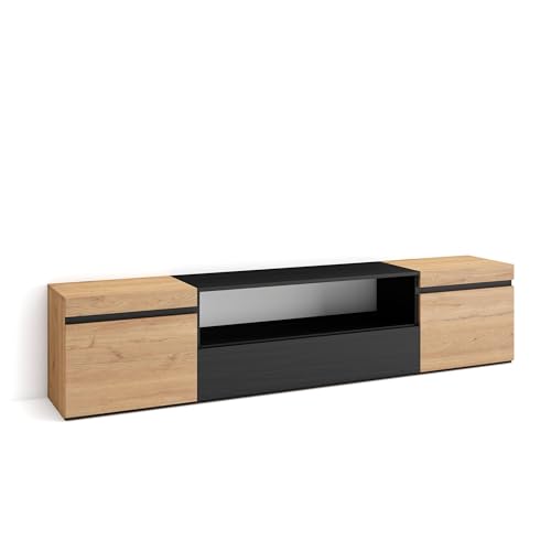 Skraut Home | TV-Schrank, Lowboard | für Wohnzimmer und Esszimmer | 200x45x35cm | Für TV-Geräte bis zu 80" | Fernsehtisch | Moderner Stil | Eiche Schwarz von Skraut Home