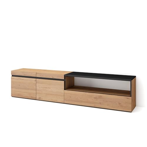 Skraut Home | TV-Schrank, Lowboard | für Wohnzimmer und Esszimmer | 200x45x35cm | Für TV-Geräte bis zu 80" | Fernsehtisch | Moderner Stil | Eiche Schwarz von Skraut Home