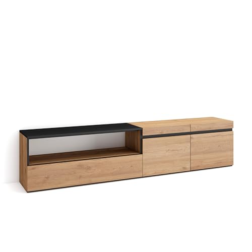 Skraut Home | TV-Schrank, Lowboard | für Wohnzimmer und Esszimmer | 200x45x35cm | Für TV-Geräte bis zu 80" | Fernsehtisch | Moderner Stil | Eiche Schwarz von Skraut Home