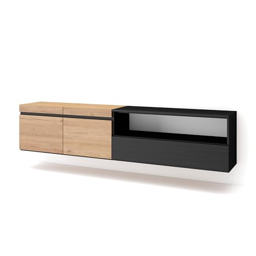 Skraut Home | TV-Schrank, Lowboard | für Wohnzimmer und Esszimmer | 200x45x35cm | Für TV-Geräte bis zu 80" | Hängend | Moderner Stil | Eiche Schwarz Skraut Home | TV-Schrank, Lowboard | für Wohnzimmer und Esszimmer | 200x45x35cm | Für TV-Geräte bis zu 80" | Hängend | Moderner Stil | Eiche Schwarz von Skraut Home