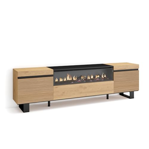 Skraut Home | TV-Schrank, Lowboard | für Wohnzimmer und Esszimmer | 200x57x35cm | Für TV-Geräte bis zu 80" | Elektrokamin. | Industriedesign | Moderner Stil | Eiche von Skraut Home