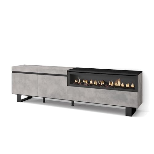 Skraut Home | TV-Schrank, Lowboard | für Wohnzimmer und Esszimmer | 200x57x35cm | Für TV-Geräte bis zu 80" | Elektrokamin. Maße | Industriedesign | Moderner Stil | Zement von Skraut Home