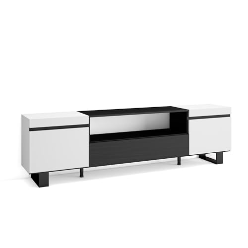 Skraut Home | TV-Schrank, Lowboard | für Wohnzimmer und Esszimmer | 200x57x35cm | Für TV-Geräte bis zu 80" | Industriedesign | Moderner Stil | Weiß und Schwarz von Skraut Home