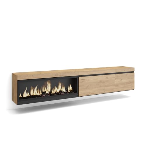Skraut Home | TV-Schrank, Lowboard | für Wohnzimmer und Esszimmer | 237x45x35 cm | Für großformatiges TV | Elektrokamin XXL | Hängend | Moderner Stil | Eiche von Skraut Home