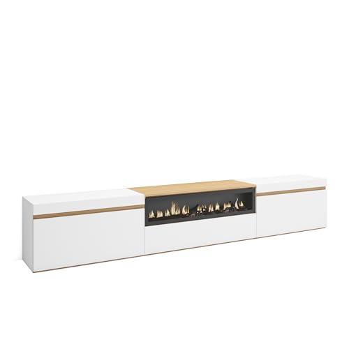 Skraut Home | TV-Schrank, Lowboard | für Wohnzimmer und Esszimmer | 260x45x35cm | Für großformatiges TV | Elektrokamin. | Moderner Stil | Weiß und Eiche Soft von Skraut Home