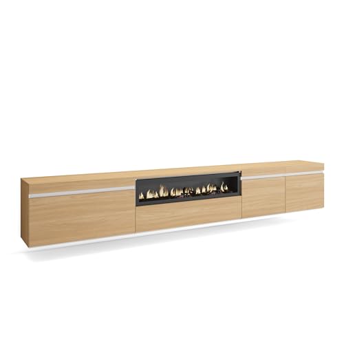Skraut Home | TV-Schrank, Lowboard | für Wohnzimmer und Esszimmer | 288x45x35 cm | Für großformatiges TV | Elektrokamin. | Hängend | Moderner Stil | Eiche Soft und weiß von Skraut Home