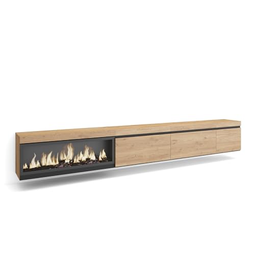 Skraut Home | TV-Schrank, Lowboard | für Wohnzimmer und Esszimmer | 317x45x35 cm | Elektrokamin XXL | Hängend | Moderner Stil | Eiche von Skraut Home