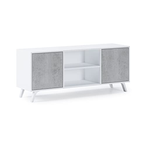 Skraut Home – TV-Schrank für Wohnzimmer – 57 x 137 x 40 cm – geeignet für 32/40/50/55/60 Zoll Fernseher – Modell Wind 140 – mattweiß – 2 zementfarbene Flügeltüren von Skraut Home