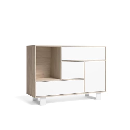 Skraut Home - Anrichte für Esszimmer, Anrichte Wind, 1 Tür, 3 Schubladen, Struktur in Eiche, Tür und Schubladen, Farbe: Weiß, 120 x 40 x 86 cm. von Skraut Home