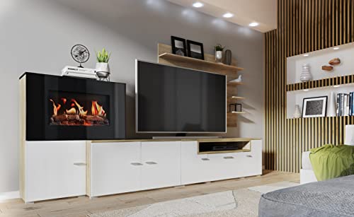 Skraut Home- Wohnmöbel mit elektrischem Kamin mit 5 Flammenstufen, mattweißer Oberfläche und gebürsteter Heller Eiche, 290x170x45cm von Skraut Home