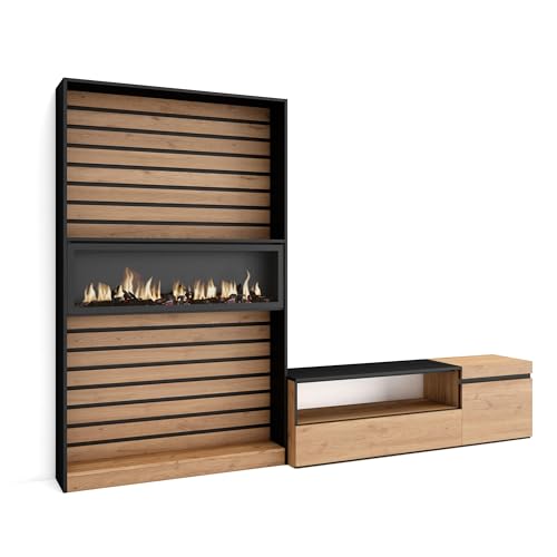 Skraut Home | Wohnwand Wohnzimmer | Wohnzimmermöbel, Möbelset | 260x186x35cm | Für TV-Geräte bis zu 65" | Elektrokamin | Moderner Stil | Eiche Schwarz von Skraut Home