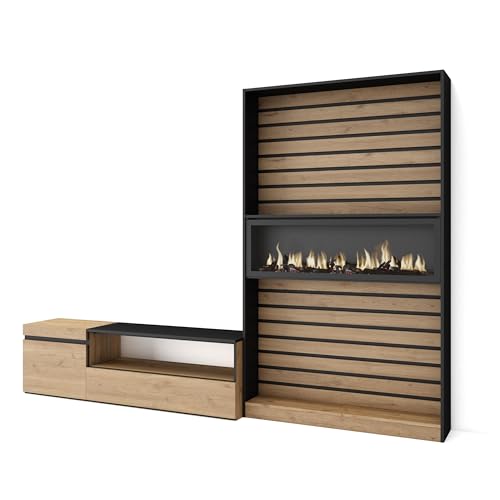 Skraut Home | Wohnwand Wohnzimmer | Wohnzimmermöbel, Möbelset | 260x186x35cm | Für TV-Geräte bis zu 65" | Elektrokamin. Maße | Moderner Stil | Eiche Schwarz von Skraut Home