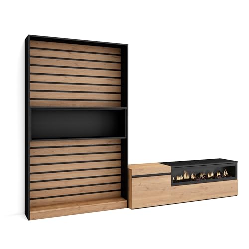 Skraut Home | Wohnwand Wohnzimmer | Wohnzimmermöbel, Möbelset | 260x186x35cm | Für TV-Geräte bis zu 65" | Elektrokamin. | Moderner Stil | Eiche Schwarz von Skraut Home