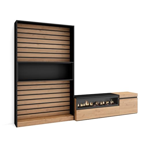 Skraut Home | Wohnwand Wohnzimmer | Wohnzimmermöbel, Möbelset | 260x186x35cm | Für TV-Geräte bis zu 65" | Elektrokamin. | Moderner Stil | Eiche Schwarz von Skraut Home