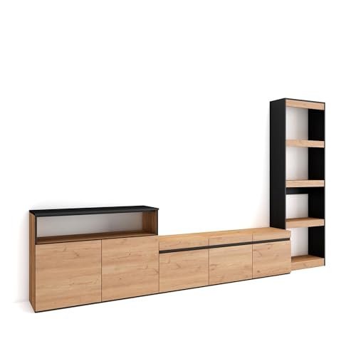 Skraut Home | Wohnwand Wohnzimmer | Wohnzimmermöbel, Möbelset | 310x186x35cm | Für TV-Geräte bis zu 65" | Wohnzimmer Möbel | Moderner Stil | Eiche Schwarz von Skraut Home