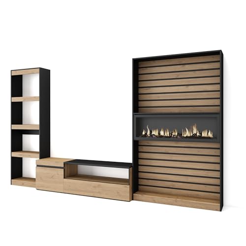 Skraut Home | Wohnwand Wohnzimmer | Wohnzimmermöbel, Möbelset | 320x186x35cm | Elektrokamin. Maße | Moderner Stil | Eiche Schwarz von Skraut Home