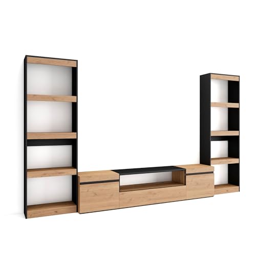 Skraut Home | Wohnwand Wohnzimmer | Wohnzimmermöbel, Möbelset | 320x186x35cm | Für TV-Geräte bis zu 80" | Wohnzimmer Möbel | Moderner Stil | Eiche Schwarz von Skraut Home