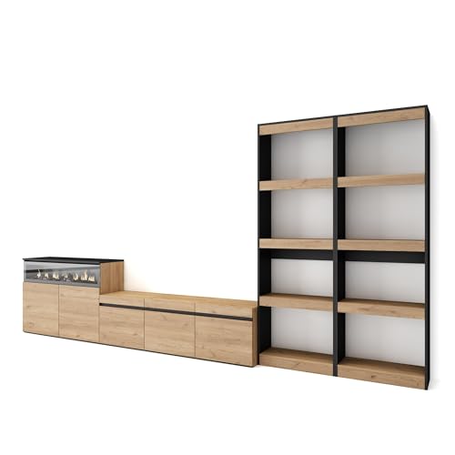 Skraut Home | Wohnwand Wohnzimmer | Wohnzimmermöbel, Möbelset | 370x186x35cm | Für TV-Geräte bis zu 65" | Elektrokamin. | Moderner Stil | Eiche Schwarz von Skraut Home