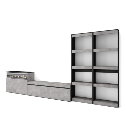Skraut Home | Wohnwand Wohnzimmer | Wohnzimmermöbel, Möbelset | 370x186x35cm | Für TV-Geräte bis zu 65" | Elektrokamin. | Moderner Stil | Zement von Skraut Home