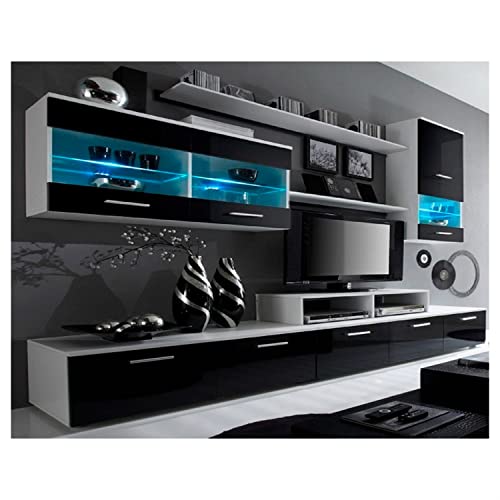 Skraut Home – Wohnzimmermöbel – 194 x 250 x 42 cm – LED-Beleuchtungssystem – Modell Alfa II – große Speicherkapazität – moderner Stil – Ausführung in Weiß/Schwarz von Skraut Home