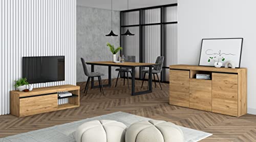 Skraut Home - Wohnzimmermöbel-Set | Tisch 200 Rand Schwarze U-Beine 10 Personen | Lowboard 120 | Sideboard/Buffetschrank 140 | Eiche und Schwarz | Industrieller Stil von Skraut Home