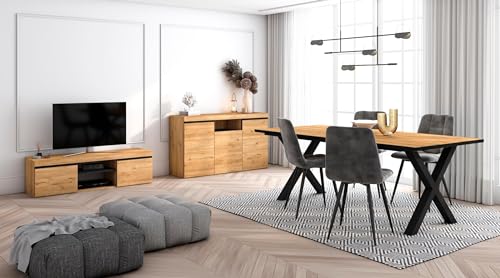 Skraut Home - Wohnzimmermöbel-Set | Tisch 200 Rand Schwarze X-Beine 10 Personen | Lowboard 140 | Sideboard/Buffetschrank 140 | Eiche und Schwarz | Industrieller Stil von Skraut Home