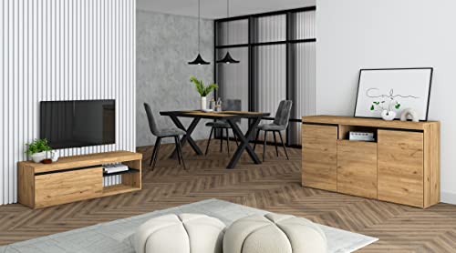 Skraut Home - Wohnzimmermöbel-Set | Tisch 140 Bicolour X-Beine 6 Personen | Lowboard 120 | Sideboard/Buffetschrank 140 | Eiche und Schwarz | Industrieller Stil von Skraut Home