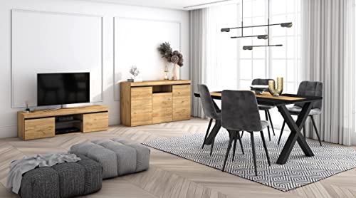 Skraut Home - Wohnzimmermöbel-Set | Tisch 140 Bicolour X-Beine 6 Personen | Lowboard 140 | Sideboard/Buffetschrank 140 | Eiche und Schwarz | Industrieller Stil von Skraut Home