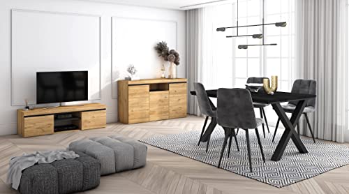 Skraut Home - Wohnzimmermöbel-Set | Tisch 140 Schwarze X-Beine 6 Personen | Lowboard 140 | Sideboard/Buffetschrank 140 | Eiche und Schwarz | Industrieller Still von Skraut Home