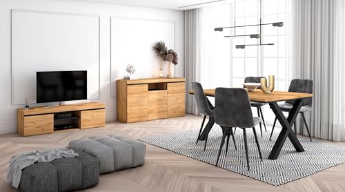 Skraut Home - Wohnzimmermöbel-Set | Tisch 140 X-Beine für 6 Personen | Lowboard 140 | Sideboard/Buffetschrank 140 | Eiche und Schwarz | Industrieller Still von Skraut Home