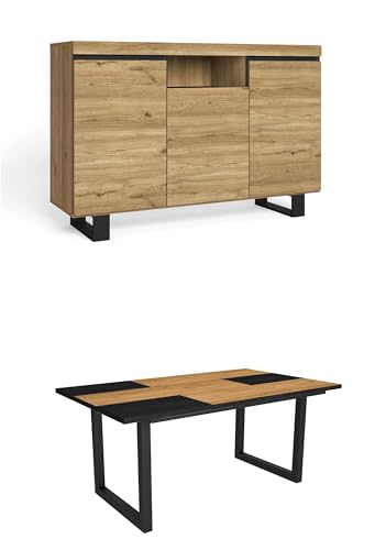 Skraut Home - Wohnzimmermöbel-Set | Tisch 170 Bicolour U-Beine 8 Personen | Sideboard/Buffetschrank 140 Tall | Eiche und Schwarz | Industrieller Still von Skraut Home