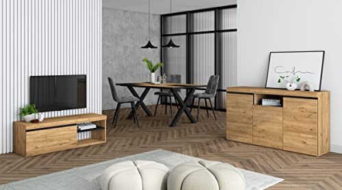 Skraut Home - Wohnzimmermöbel-Set | Tisch 170 Bicolour X-Beine 8 Personen | Lowboard 120 | Sideboard/Buffetschrank 140 | Eiche und Schwarz | Industrieller Still von Skraut Home