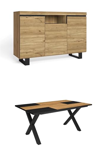 Skraut Home - Wohnzimmermöbel Set | Tisch 170 Bicolour X-Beine 8 Personen | Sideboard/Buffetschrank 140 Tall | Eiche und Schwarz | Industrieller Stil von Skraut Home