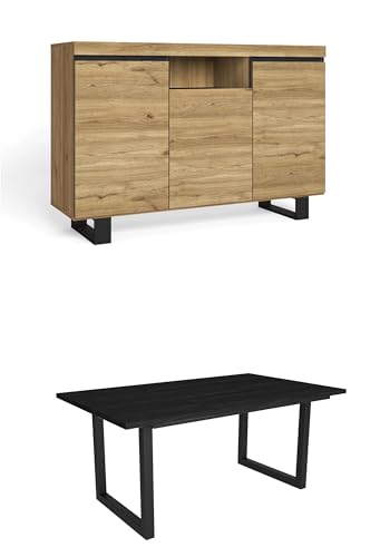 Skraut Home - Wohnzimmermöbel-Set | Tisch 170 Schwarze U-Beine 8 Personen | Sideboard/Buffetschrank 140 Tall | Eiche und Schwarz | Industrieller Still von Skraut Home