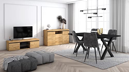 Skraut Home - Wohnzimmermöbel-Set | Tisch 170 Schwarze X-Beine 8 Personen | Lowboard 140 | Sideboard/Buffetschrank 140 | Eiche und Schwarz | Industrieller Still von Skraut Home