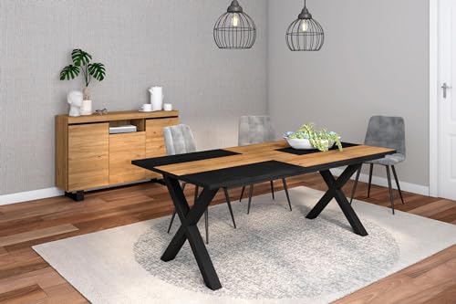 Skraut Home - Wohnzimmermöbel Set | Tisch 200 Bicolour X-Beine 10 Personen | Sideboard/Buffetschrank 140 Tall | Eiche und Schwarz | Industrieller Still von Skraut Home